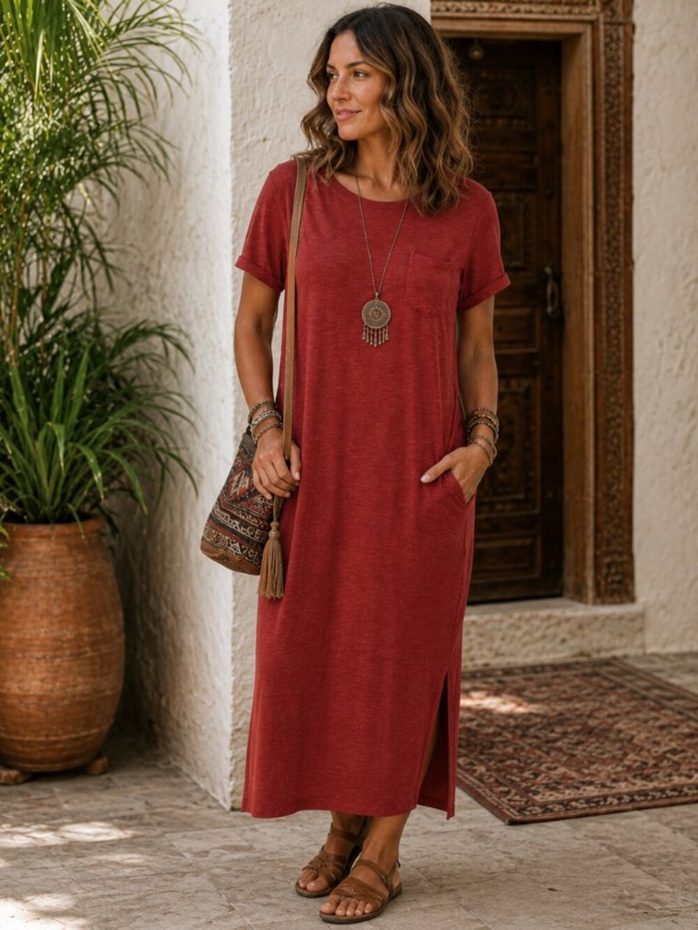 Jessica Simpson Heathered Rust Slub Knit Pocket Maxi Dress | Size L
